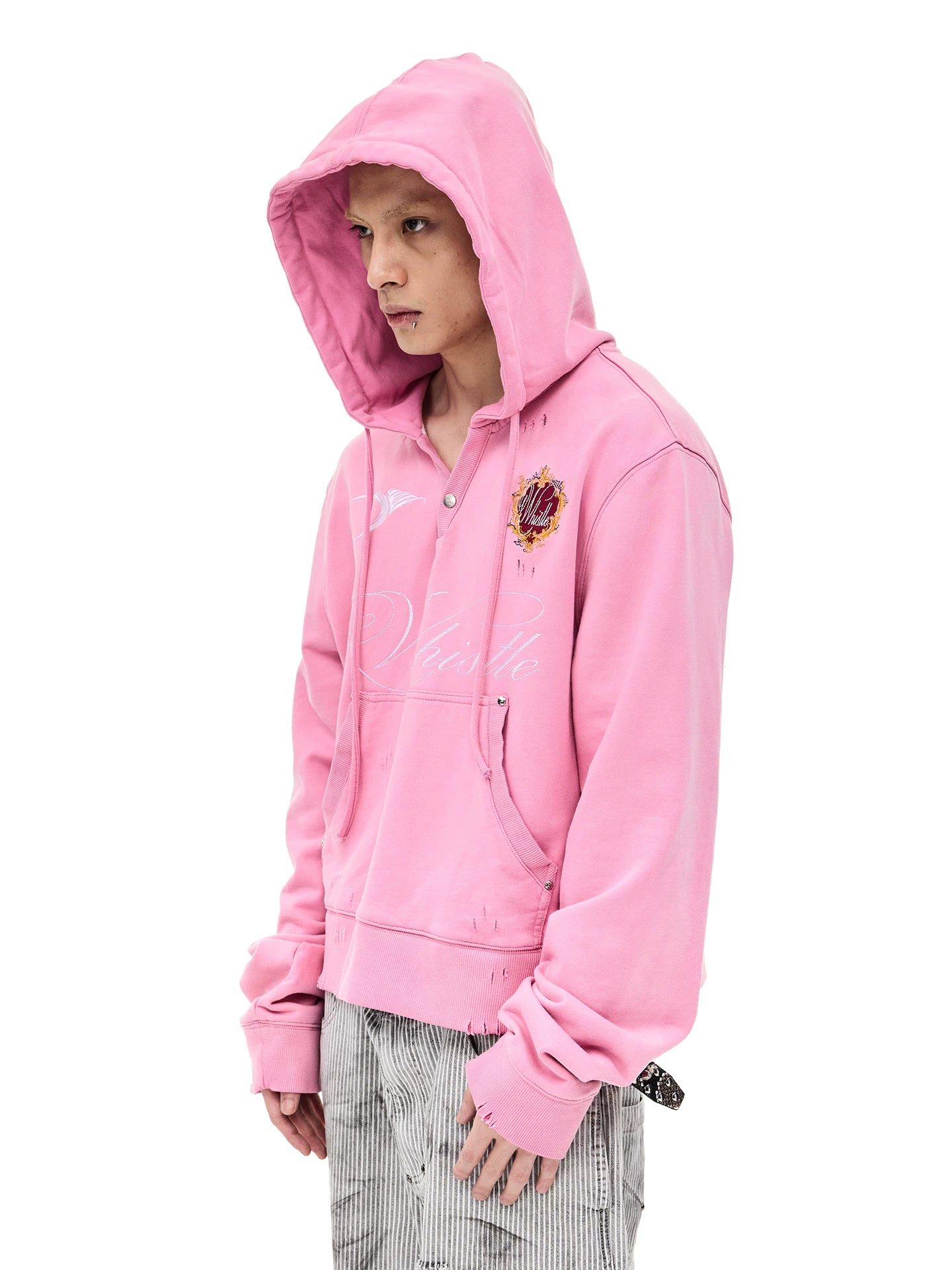 Distressed Embroidered V-Neck Cropped Wide Hoodie