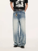 13oz Washed-Whiskered Cream Blue Straight Jeans