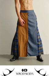 Reversible Pleated Frayed Plaid Denim Skort