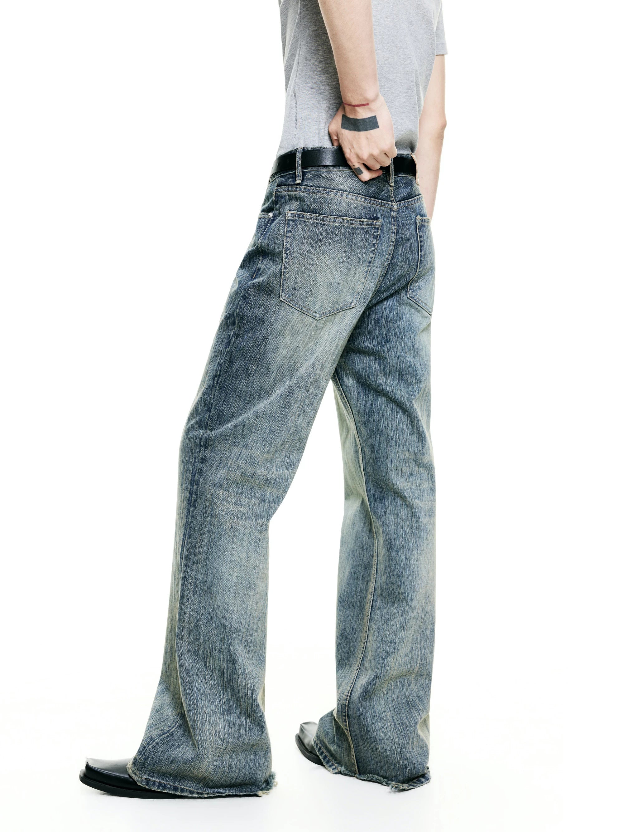 Casual Slub Distressed Flared Denim Pants