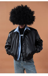 Black Shirt-Collared Faux Leather Moto Jacket
