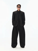 Black Striped Wool Stand Collar Blazer