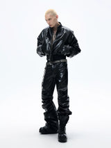 Cropped Glossy Pleated Leather Puffer Coat