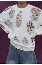 Black White Ripped Cutout Knit Sweater