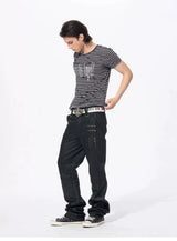 Slim Fit Letter Print Striped Tees