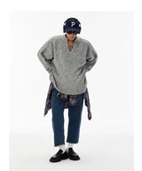 Unisex Grey V-Neck Boucle Sweater