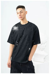 Unisex Black Loose Rhinestone Short-Sleeve Tee