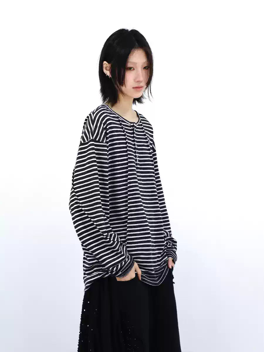 Striped Cutout Neck Long Sleeve Tee