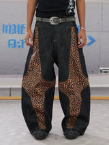 Leopard Cross Patchwork Baggy Curved Jeans