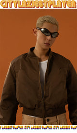 Cropped Pink Brown Cotton Baseball Jacket