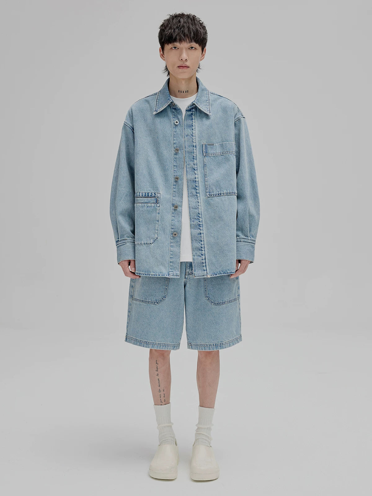 14Oz Washed Denim Asymmetric-Pocket Shirt Jacket