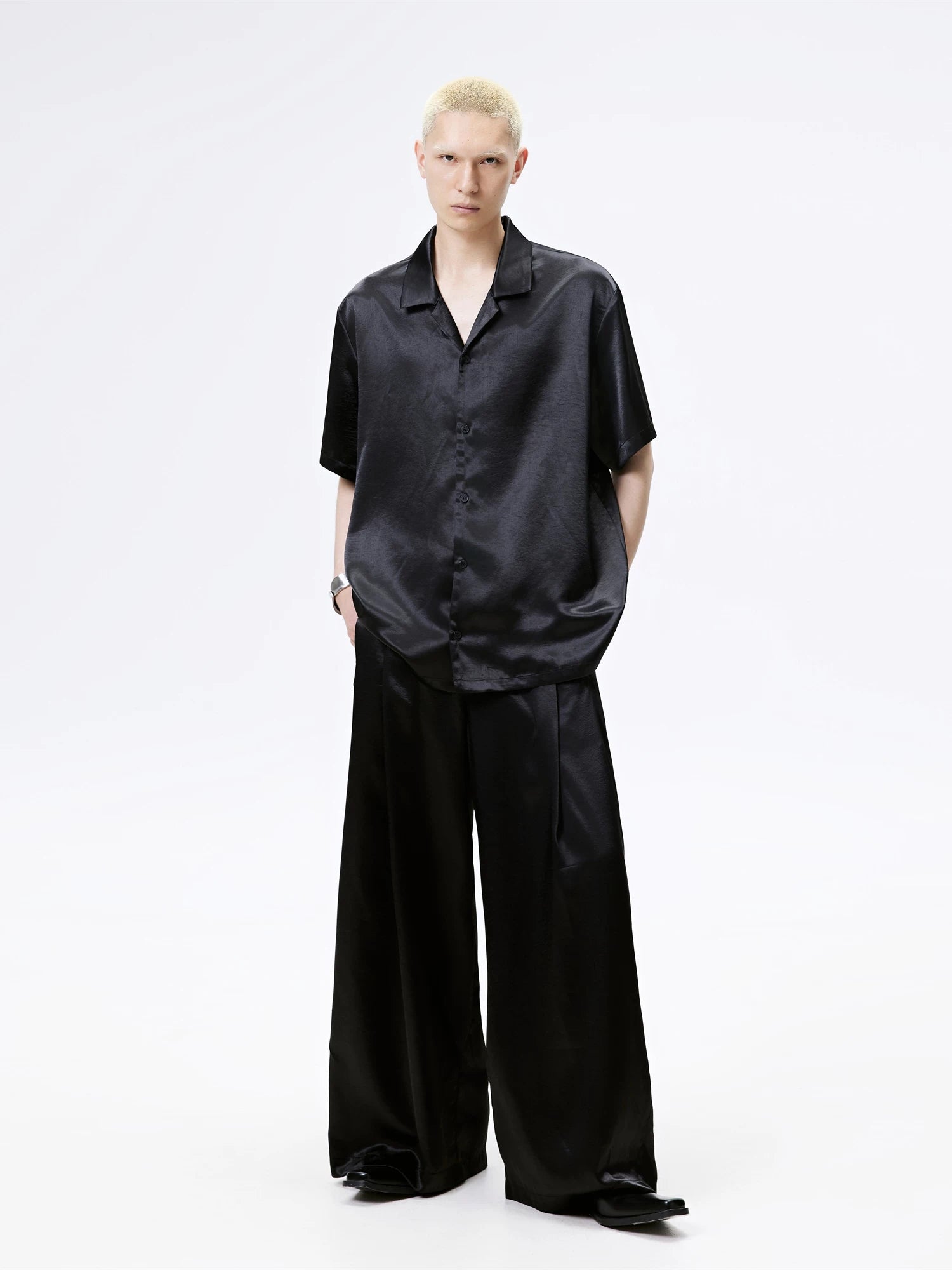 Cuban Collar Short Sleeve Satin Shirt