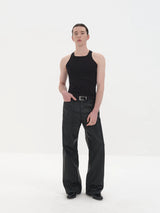 Fitting Waxed Leather Patchwork Straight Jeans