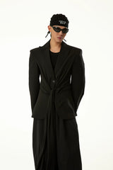 Black Wool Ribbon Pleated Waist-Tailored Blazer