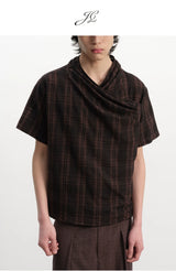 Pleated Cross Collar Plaid Tee
