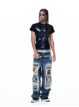 Black Printed Cross Crew Neck Tees