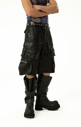 Men's Black Red PU Cargo Shorts