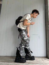 Distressed Silver Coated Embroidered Flared Jeans