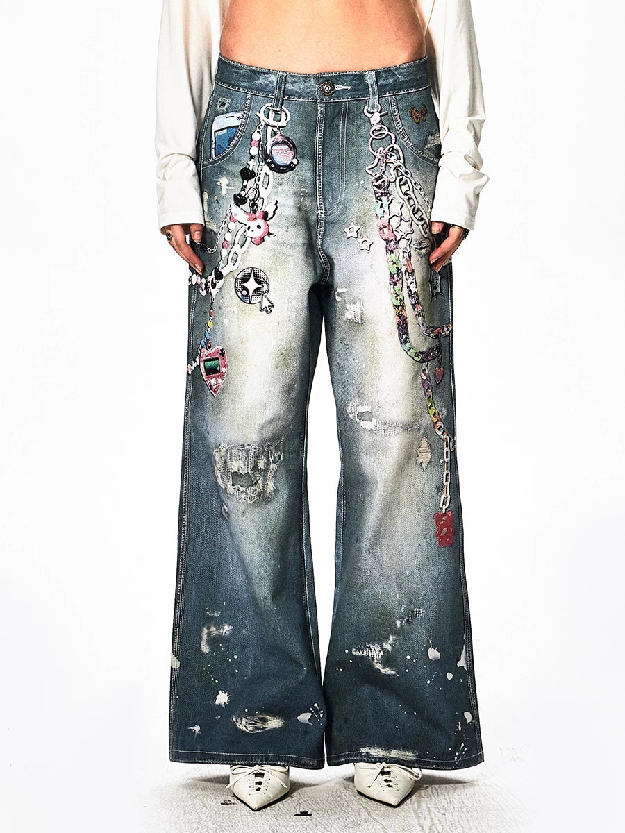 Y2K Cartoon-Printed Chain Wide-Leg Jeans