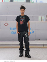 Double Zip Leather Patch Flared Jeans