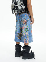 American Street Cartoon Printed Denim Shorts
