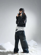 Black Cropped Embroidered Studded Denim Jacket