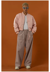 Cropped Pink Brown Cotton Baseball Jacket