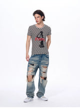 Letter Print Striped Short Sleeve Tees
