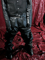 Black Wide-Leg Sanskrit Embroidered Leather Pants