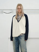 Men's Loose Colorblock V-neck Wool Sweater