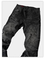 Dark Distressed Crinkled Straight Jeans