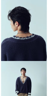 Distressed Striped Lace V-Neck Wool Sweater