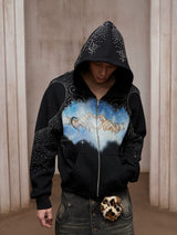 Star Rhinestone Heart Print Zip Hoodie