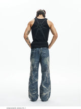 Ripped Spider Embroidered Straight Jeans