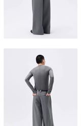Grey Striped Wide Leg Lyocell Pants