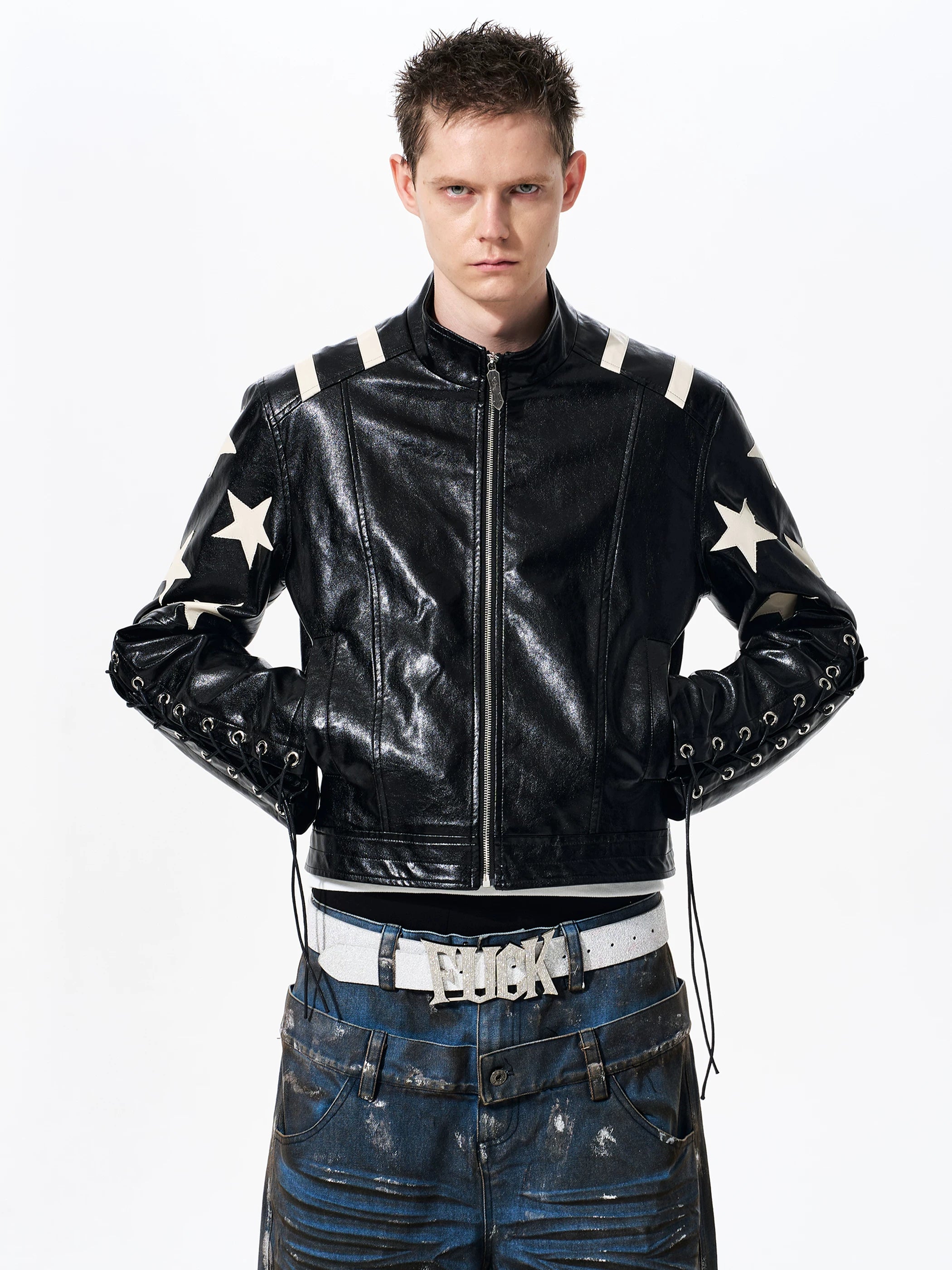 Men's Cropped Star Leather Biker Jacket