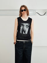 Men's Sleeveless Printed Linen-like Zip Vest