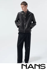 Short Stand Collar Cowhide Leather Jacket