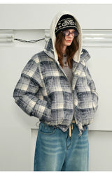 Detachable Hooded Plaid Puffer Coat