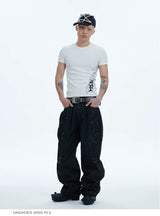 Asymmetric Pleated Studded Raw Denim Jeans