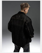 Washed Distressed Patchwork Denim Shirt Jacket