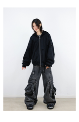 Detachable Dual Hood Rhinestone Zip Hoodie