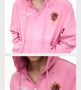 Distressed Embroidered V-Neck Cropped Wide Hoodie