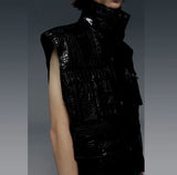 Croc Embossed Multi-pocket Sleeveless Leather Jacket