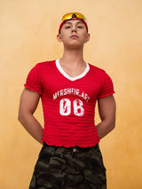 Red White Ruffled Cropped V-Neck Tee