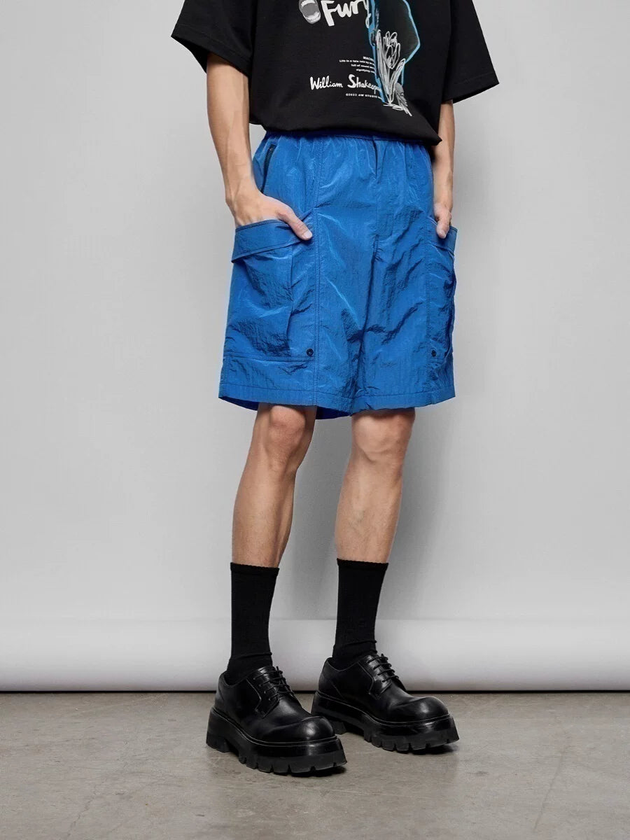 Pleated Metal Nylon Tech Cargo Shorts
