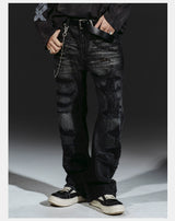 Flared Washed Distressed Patchwork Jeans