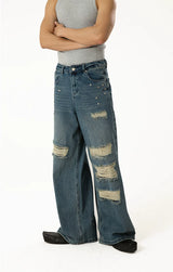 Men's Blue Distressed Riveted Straight Jeans