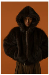 Black Red Hooded Faux Fur Coat
