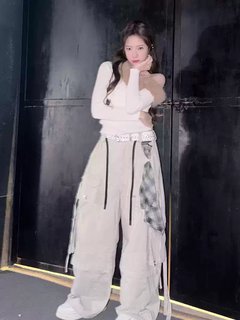 Removable Multi-pocket Ribbon Distressed Cargo Pants